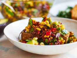Crispy Spiced Smoked Tofu with GEM® Avocado, Charred Sweetcorn & Piquillo Pepper Salsa & Wilted Spinach