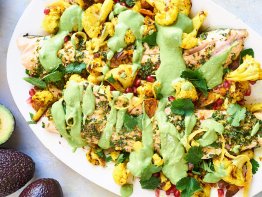 Chermoula Baked Sea Trout, Turmeric Roast Cauliflower, Herbed GEM® Tahini Cream and Pomegranates